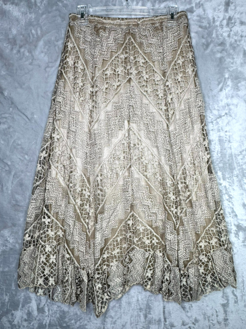 Reba Maxi Skirt Womens Medium Cream Brown Lace Boho Western Elastic Waist Lined